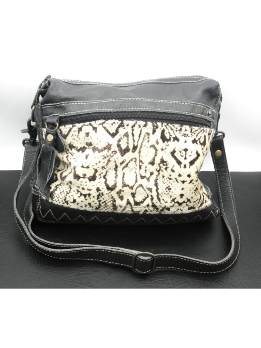 Myra Genuine Hair Black Cowhide Soft Leather Western Crossbody Shoulder Bag FLAW - Picture 13 of 13